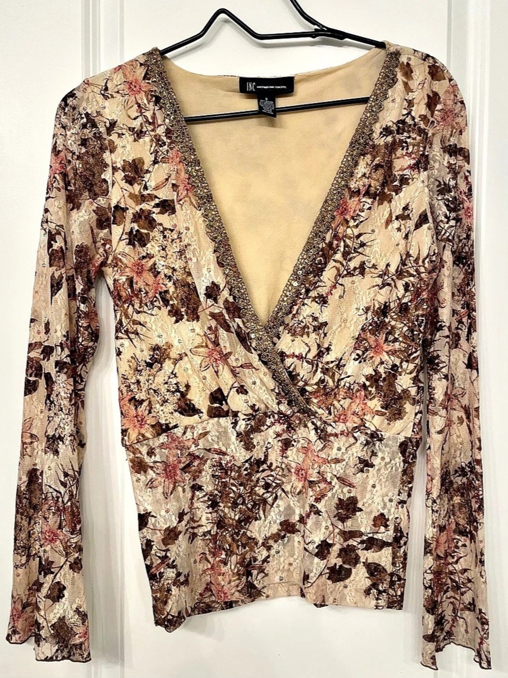INC International Concepts Floral V-Neck Blouse in Beige & Brown Small Like New